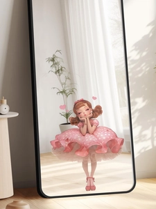 Detail of minimalist black metal frame floor mirror with cute cartoon girl wall sticker
