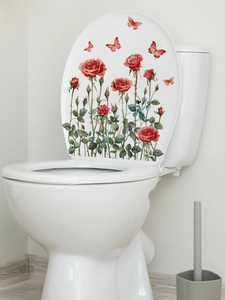 Macro detail of blooming red rose PVC wall stickers on white toilet cover