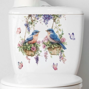 Adesivo da parete in PVC con uccelli blu, cesto di fiori e farfalle colorate vivaci