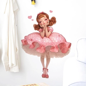 Removable PVC Cartoon Girl Wall Sticker Pink Polka Dot Dress Heart Pattern DIY Decorative Decal For Kids Room Bedroom Home Decor