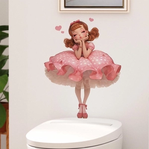 Cute girl cartoon wall sticker in pink dress for bathroom toilet and home decoration
