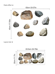 Macro layout showing PVC stone texture wall stickers with layout and paste dimensions