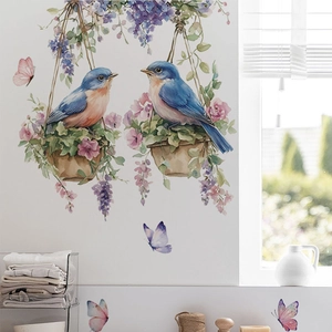 Adesivo murale acquerello con uccellini e cesto di fiori rosa per decorazione casa