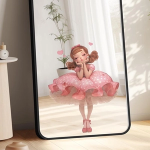 Minimalist full length mirror with cute cartoon girl and pink hearts for girl room decor