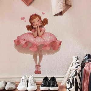 Cute cartoon girl wall sticker in pink polka dot dress for children's bedroom decoration