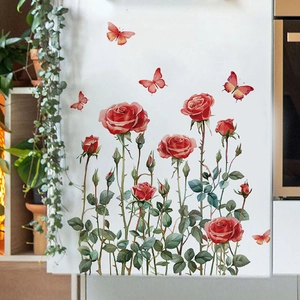 Red rose and butterfly wall stickers for living room and bedroom home decor