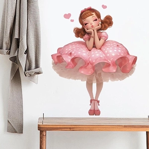 Cute cartoon girl wall sticker with pink polka dot dress and hearts for room decor