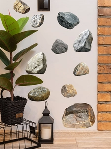 Detail of 3D stone texture wall stickers with realistic grey granite patterns on white wall