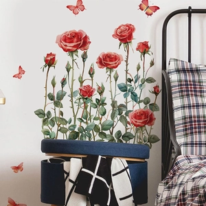 Romantic red rose and butterfly wall decals for bedroom and living room decoration