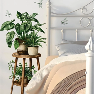 Grüne Topfpflanzen Wandaufkleber PVC Selbstklebend Abnehmbar Tropische Monstera Blätter Libelle Aufkleber Für Wohnzimmer Schlafzimmer Dekor