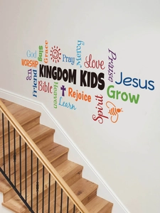 Close-up of Kingdom Kids PVC wall stickers featuring Jesus and Love motivational words
