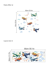 Detailed size chart showing layout and paste dimensions for cartoon airplane wall stickers