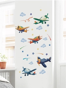Detail of watercolor cartoon airplane wall stickers with stars and clouds for kids