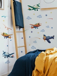 Cartoon airplane wall decals with clouds and stars for a boys nursery bedroom wall decor