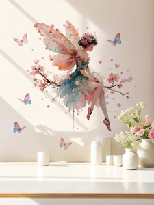 Detail of floral fairy wall sticker with pink petal wings and butterflies in watercolor style