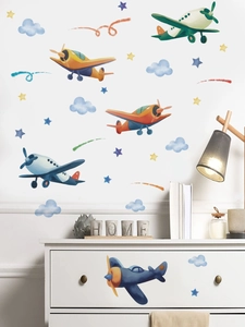 Detail of hand-painted watercolor cartoon airplanes and cloud wall stickers for kids room