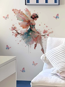 Detail showing watercolor flower fairy and butterfly wall decals on a white living room wall