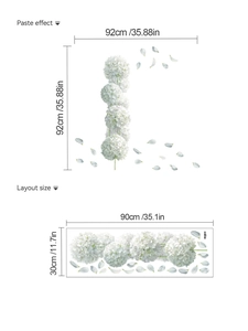 Size specifications for white hydrangea wall stickers showing layout and paste dimensions