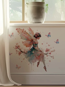 Artistic watercolor fairy wall sticker featuring transparent wings and pink blossoms
