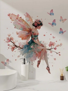 Detailed watercolor wall sticker of a fairy with pink wings on a white tile bathroom wall