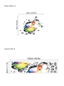 Sticker mural 3D foot montrant le rendu 84x68cm et la planche originale 120x30cm