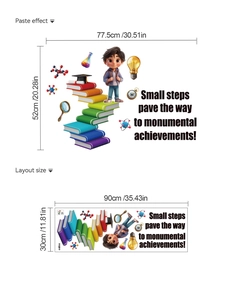 Educational wall decal showing cartoon boy with books and science icons, 77.5x52cm size