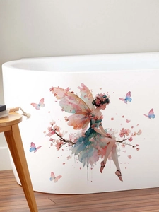 Detail of fairy with pink wings wall sticker applied on bathtub side in bathroom