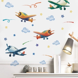 Cartoon Airplane Cloud Wall Stickers For Boys Room Nursery PVC Decorative Wallpaper Self-Adhesive Hand-Drawn Style Decals