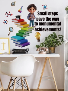 Detail of cartoon boy and rainbow book stairs PVC wall sticker for child bedroom