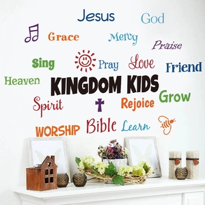 Inspirational English wall decals with colorful Jesus and Bible quotes for kids' rooms