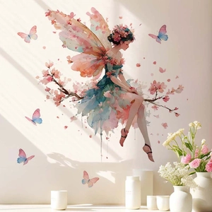 Watercolor Flower Fairy And Butterfly Wall Sticker Self-Adhesive PVC Decorative Mural Forest Style Art For Bedroom Living Room Home Decor