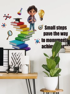 Detail of 3D cartoon boy wall sticker with rainbow book stairs and science icons