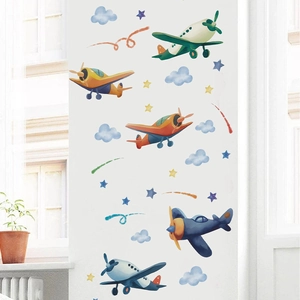Cartoon airplane wall decals with colorful clouds and stars for kids' bedroom decoration