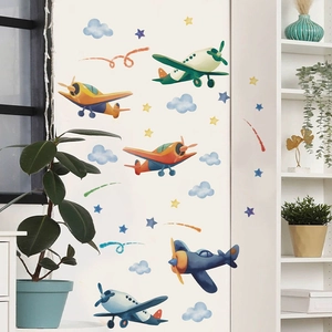 Cartoon airplane and cloud wall decals for boys bedroom decor with colorful stars and planes