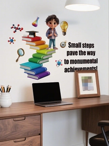 Detail of PVC wall sticker with cartoon boy, colorful book stairs and science icons