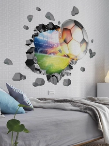 Sticker mural 3D football avec vue du stade et débris sur un mur de chambre à coucher