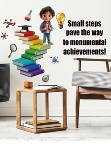 Detail of 3D boy on rainbow book stairs wall decal with educational quote for kids room