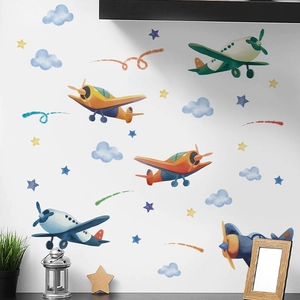 Cartoon airplanes and blue clouds wall stickers for kids bedroom decor