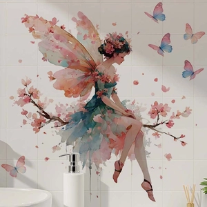 Watercolor fairy wall sticker with wings and pink flowers for bedroom decoration