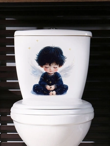 Detail of creative blue angel boy sticker on white ceramic toilet tank wall decal