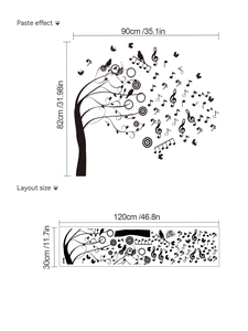 Détails des dimensions de la disposition du sticker mural arbre musical et effet final