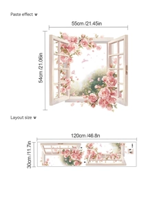 Detail of 3D pink rose window wall sticker showing layout size and paste effect