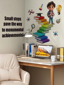 Detail of PVC self-adhesive educational wall sticker with 3D cartoon boy and school icons