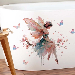 Watercolor fairy wing wall decal with flowers and butterflies on bathtub surface