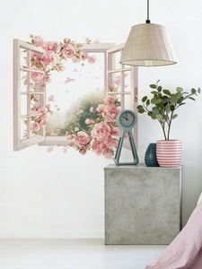 Detailed view of 3D pink rose window wall sticker on a white bedroom wall surface