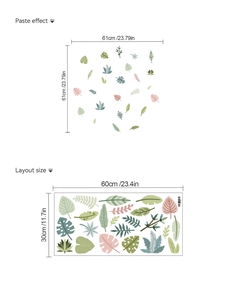 Detail of tropical leaf wall stickers showing layout size and installed display dimensions