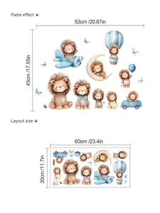 Detail view of cartoon lion wall stickers showing layout dimensions and application effects
