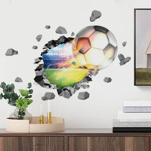 Sticker Mural Football 3D Effet Mur Brisé Décalcomanie Stade de Foot PVC Autocollant Mural pour Chambre Garçon Décor