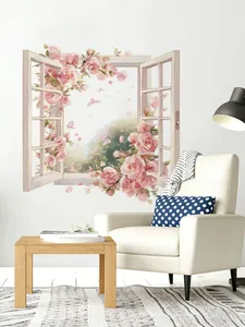 Detailed view of 3D pink floral window wall sticker with watercolor roses and butterflies