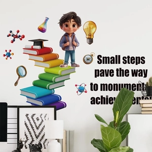 Educational Reading Boy Wall Sticker Cartoon Science Symbols Motivational Quote PVC Self Adhesive Decor Kids Study Room